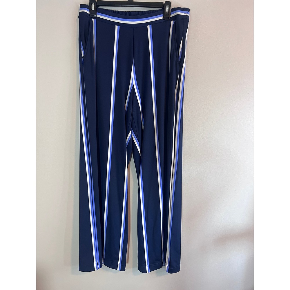 Lou & Grey Navy Blue Striped Wide Leg Pants Size Medium Elastic Waist Pockets